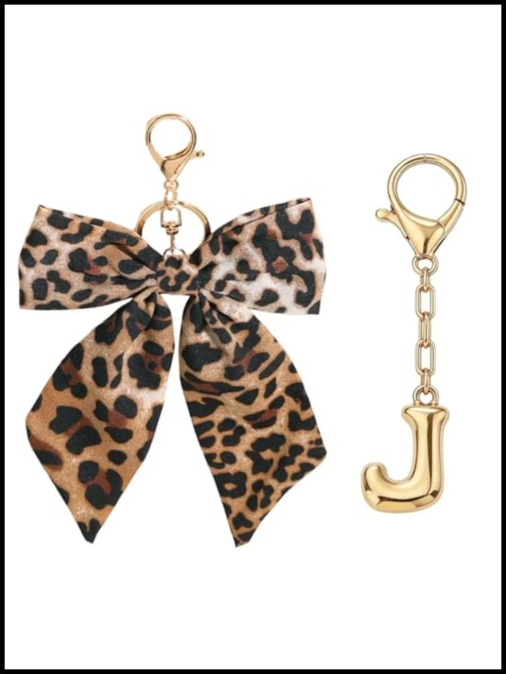 Leopard Print Bow J Initial Keychain Purse Charm Set of 2 Alloy Polyester